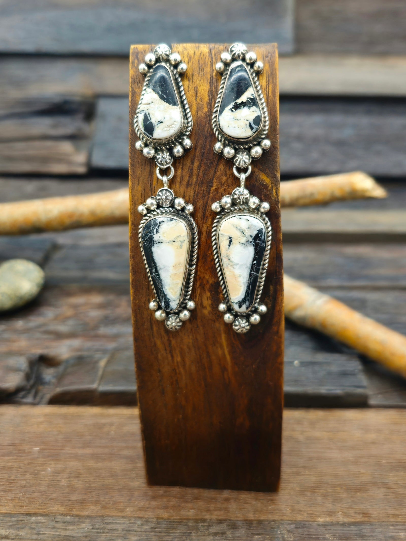 Two-Stone White Buffalo Earrings by Rosella Paxton