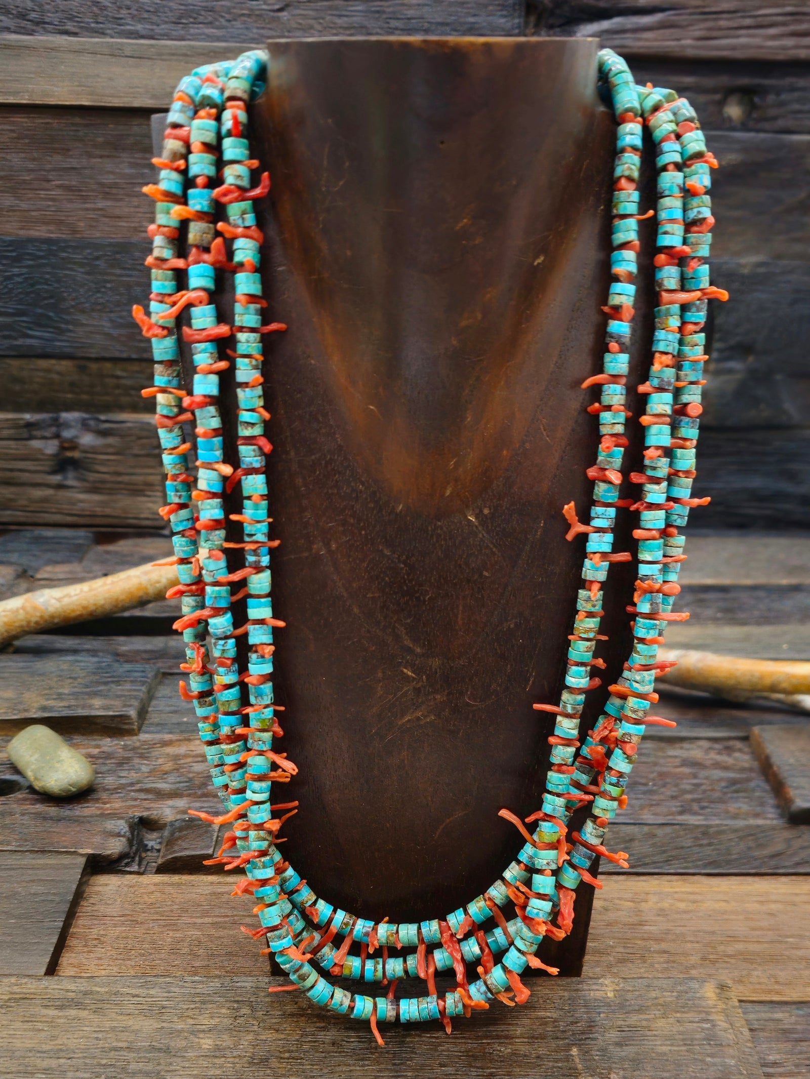 Three Strand Blue Turquoise Heshi and Branch Coral Necklace - 29 in.