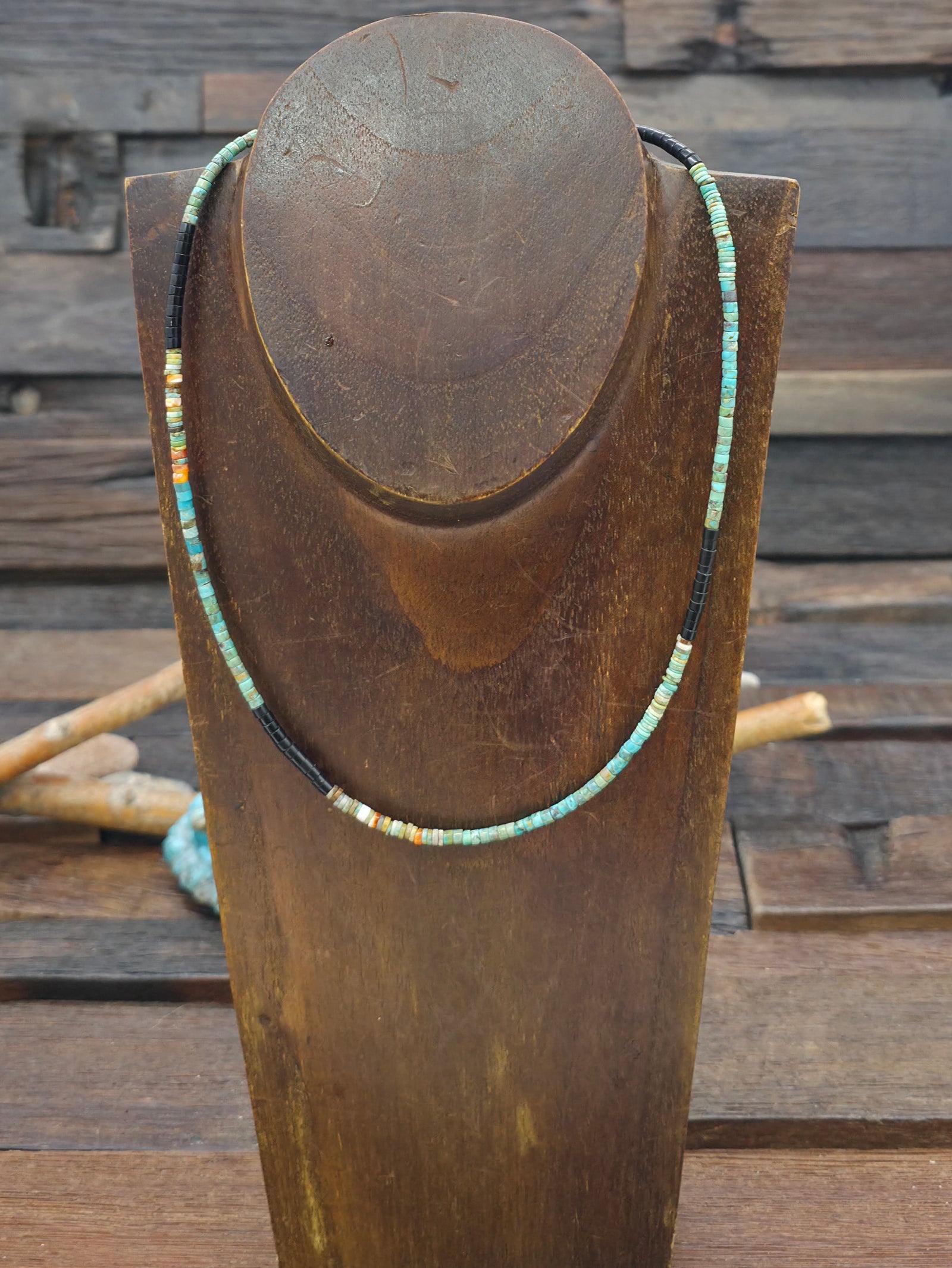 Dainty Jet, Spiny, and Turquoise Heishi Necklace by Fred Archuleta - 18 in.