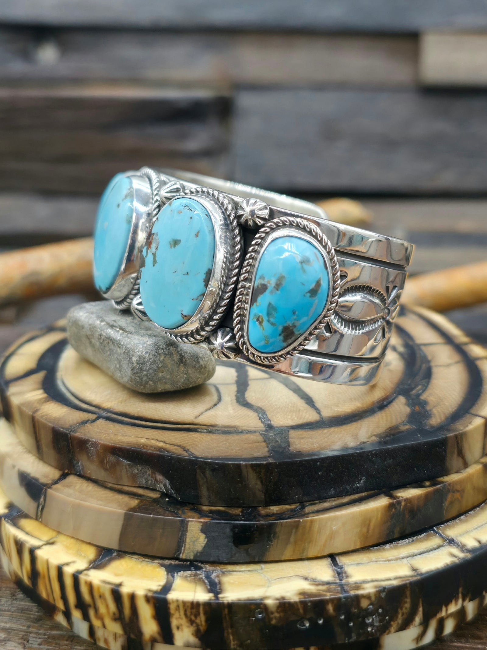 Stamped Sterling Silver and Kingman Turquoise Cuff by Delbert Delgarito  - 7 in.