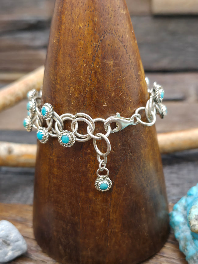 Sterling Silver Teal Turquoise Snake Eye Bracelet by Dillion Cheama - 7 in.