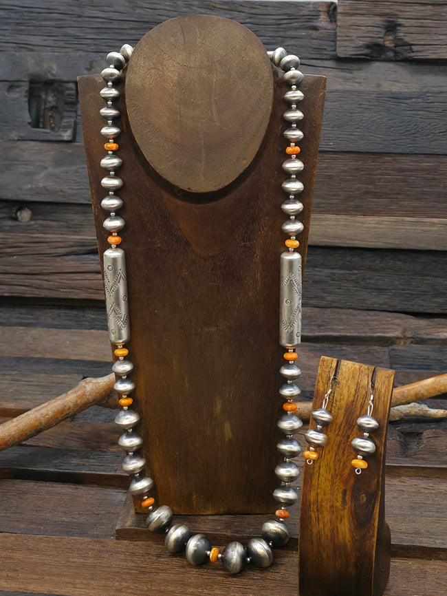 Stamped Sterling Silver and Spiny Oyster Bead Necklace and Earring Set by Sharon Cooley - 30 in.