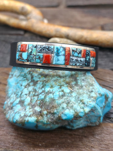 Brown Leather Bracelet with Sterling Silver and Lapis Inlay by Edison Yazzie - 8 to 9 in.