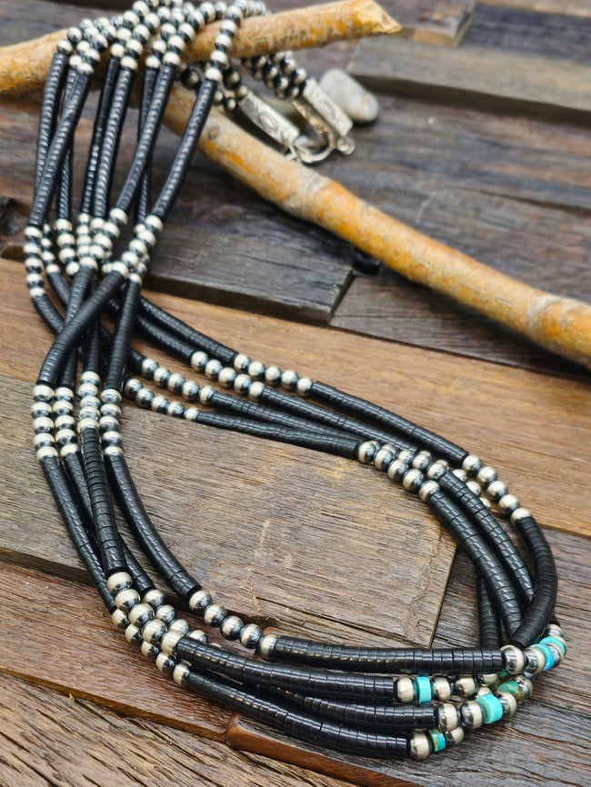 Four Strand Sterling Silver, Jet, and Turquoise Bead Necklace by Fred Archuleta - 32 in