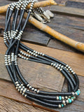Four Strand Sterling Silver, Jet, and Turquoise Bead Necklace by Fred Archuleta - 32 in