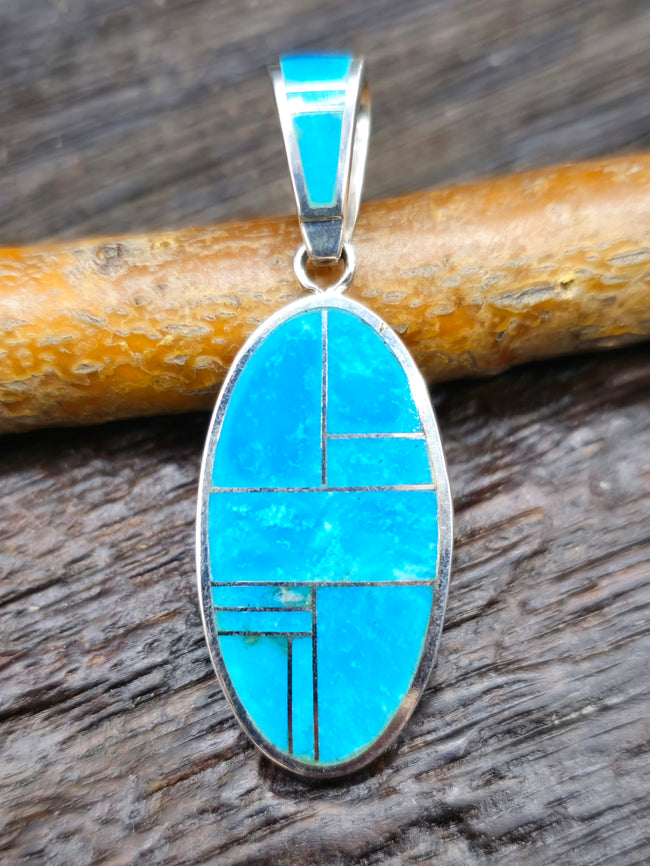 Blue Turquoise Sterling Silver Inlay Pendant