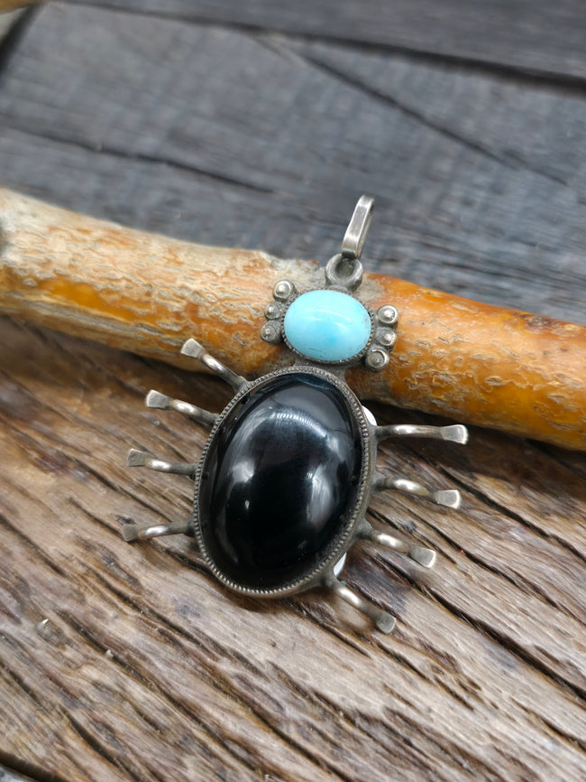 Turquoise and Onyx Sterling Silver Spider Pendant by C. Martinez - 2 in. by 1 1/2 in.