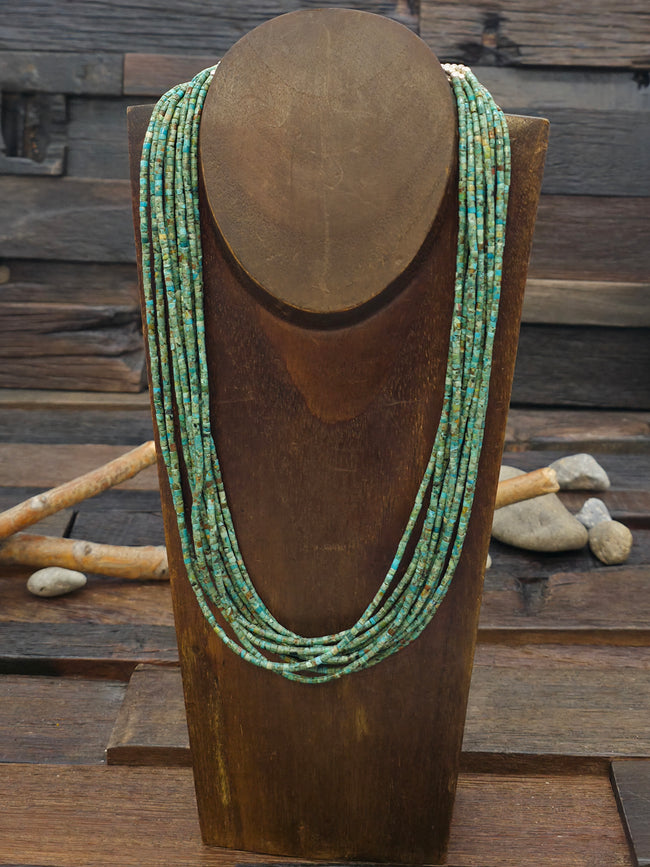 10 Strand Green Turquoise Heishi Necklace with Sterling Silver Beads and Cones - 21 in.