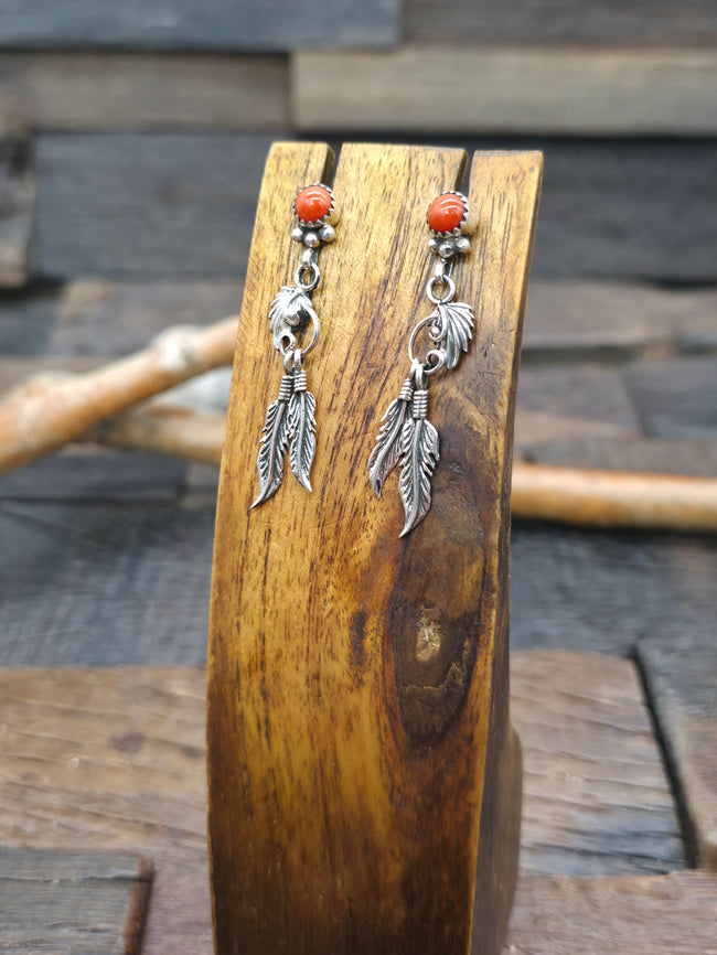 Sterling Silver Coral Feather Earrings by Rita Largo - 2 in. by 3/8 in.