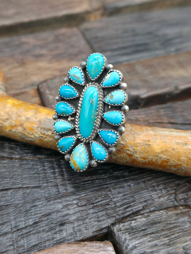 Sterling Silver Turquoise Cluster Ring by T. Smith - Adjustable