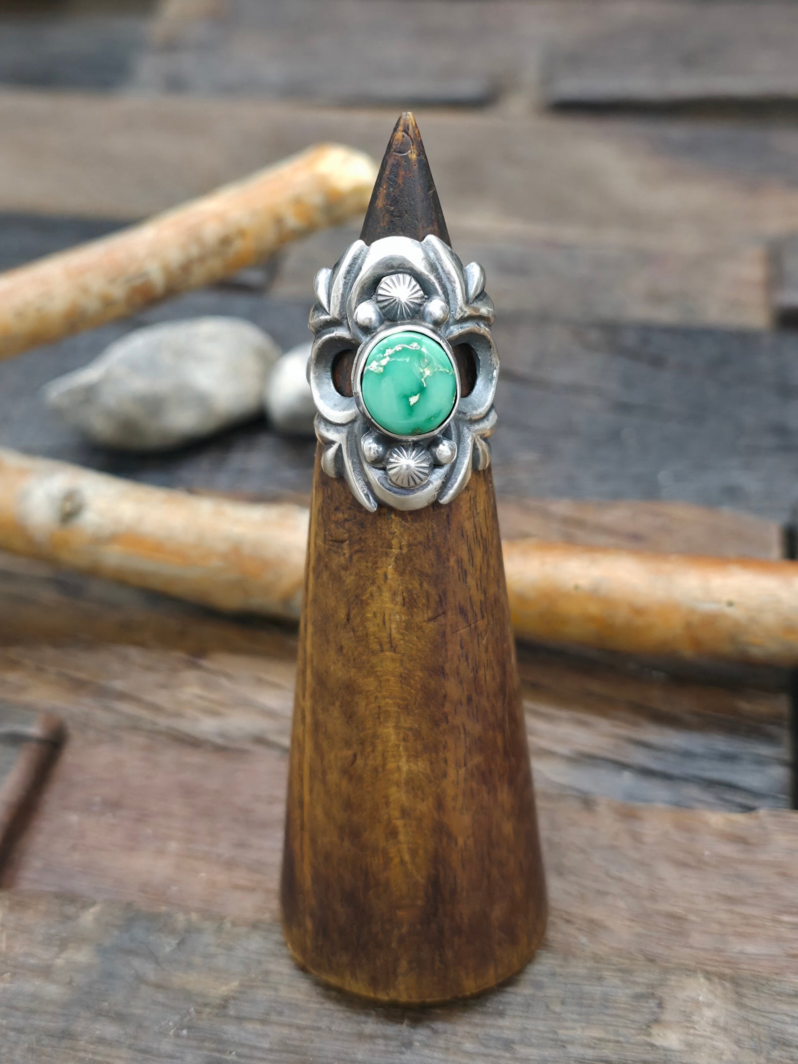 Cast Sterling Silver Sonoran Turquoise Ring by Harrison Bitsue - Size 6