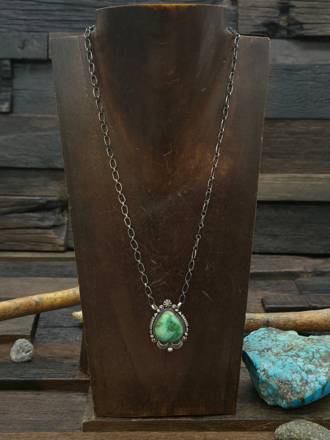 Stamped Sterling Silver and Sonoran Turquoise Pendant Necklace by Daniel Benally - 18 in.