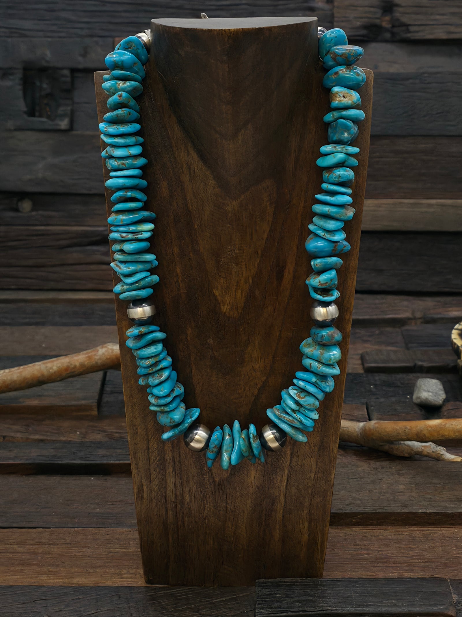 Blue Turquoise Oxidized Sterling Silver Bead Necklace - 20 in.