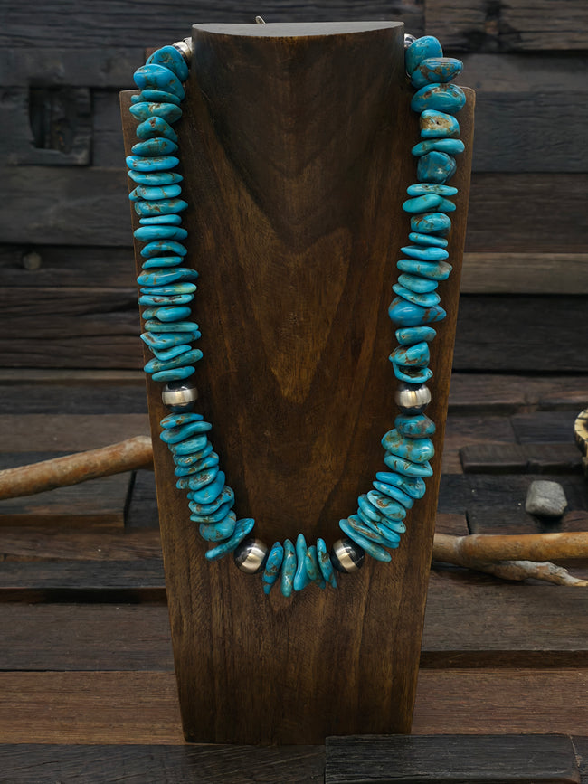 Blue Turquoise Oxidized Sterling Silver Bead Necklace - 20 in.