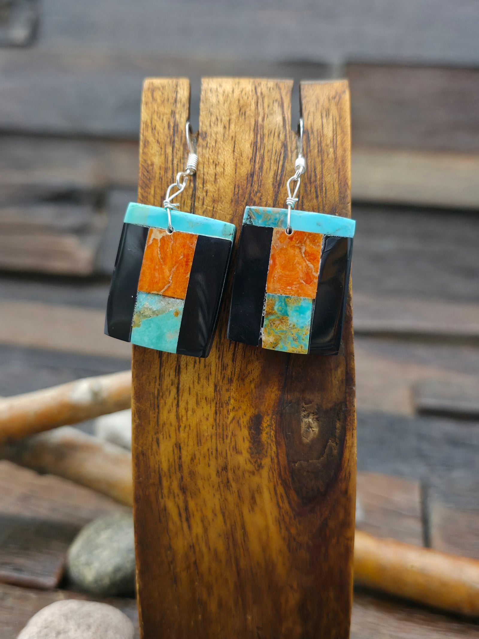 Turquoise, Jet, and Apple Coral Mosaic Inlay Earrings by Veronica Tortalita - 1 3/4 in. by 3/4 in.