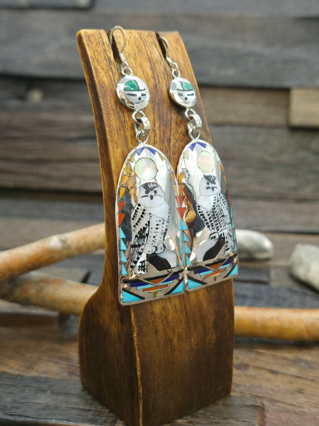 High Shine Sterling Silver Zuni Inlay Owl Earrings by Quinton Quam - 3 1/2 in. by 1 in.