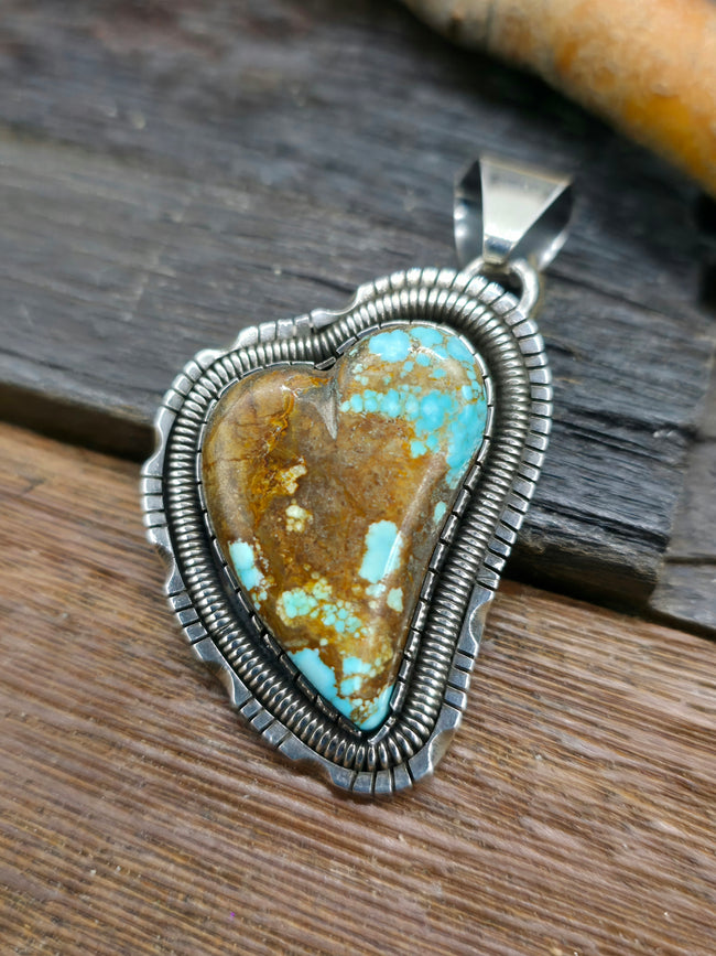 Green Boulder Turquoise Sterling Silver Heart Pendant by Walter Vandever