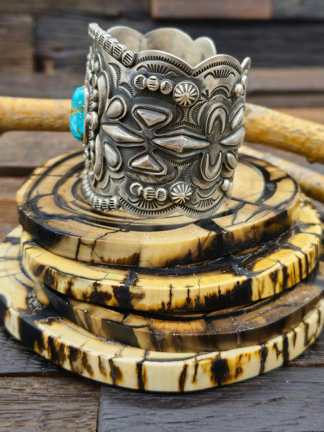 Blue Gem Turquoise and Repousse Sterling Silver Bracelet by Dean Sandoval 7 in