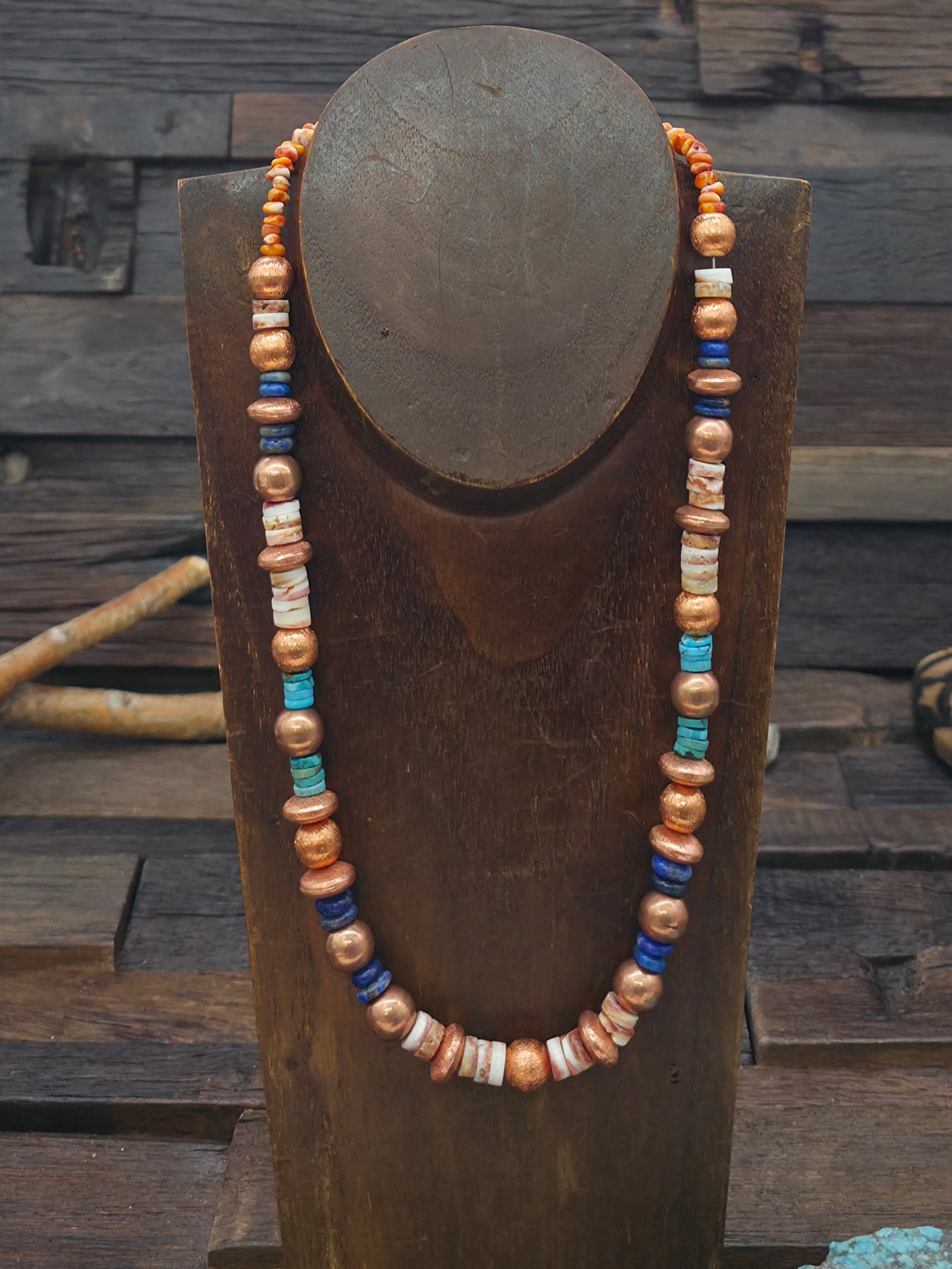 Spiny Oyster, Copper and Mixed Stone Bead Necklace by Lamar Tsosie - 20 in.