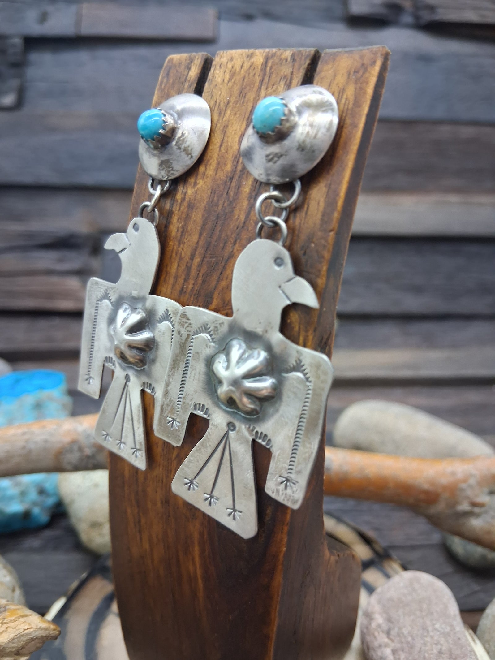 Sterling Silver Turquoise Bead Stamped Eagle Post Dangle Earrings by Roberta Yazzie