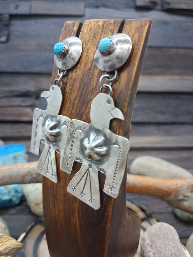 Sterling Silver Turquoise Bead Stamped Eagle Post Dangle Earrings by Roberta Yazzie