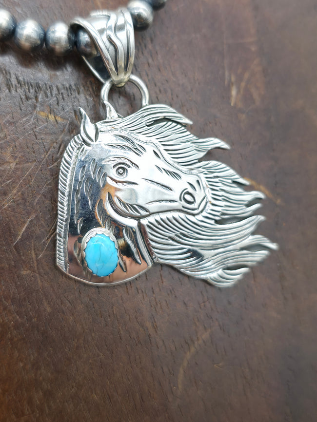 Sterling Silver Bead Horse Pendant Necklace with Sleeping Beauty Turquoise by Jeremy Delgarito - 16 in.