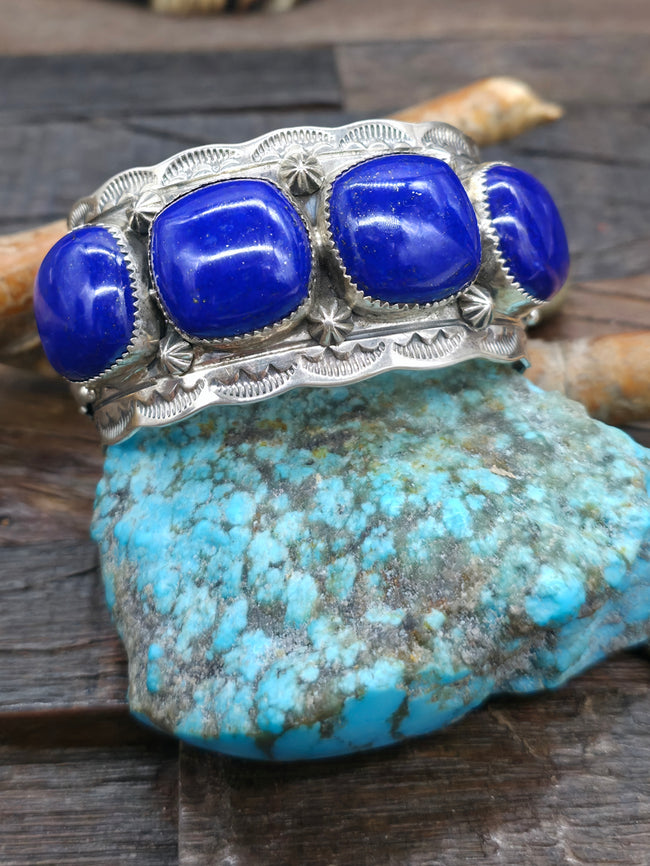 Stamped Sterling Silver and Lapis Lazuli Cuff by Mike Thomas Jr. - 6 3/4 in. with Gap