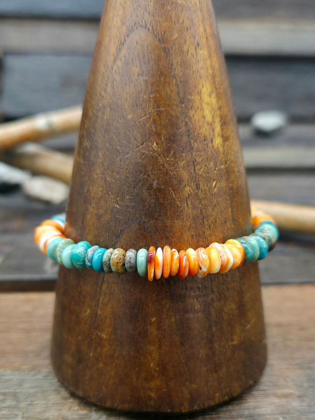 Turquoise, Spiny Oyster, and Sterling Silver Bracelet - 8 in.