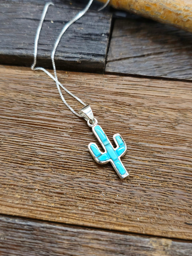 Blue Turquoise Inlay Cactus Pendant on 18 in. Sterling Silver Chain by Jane Francisco