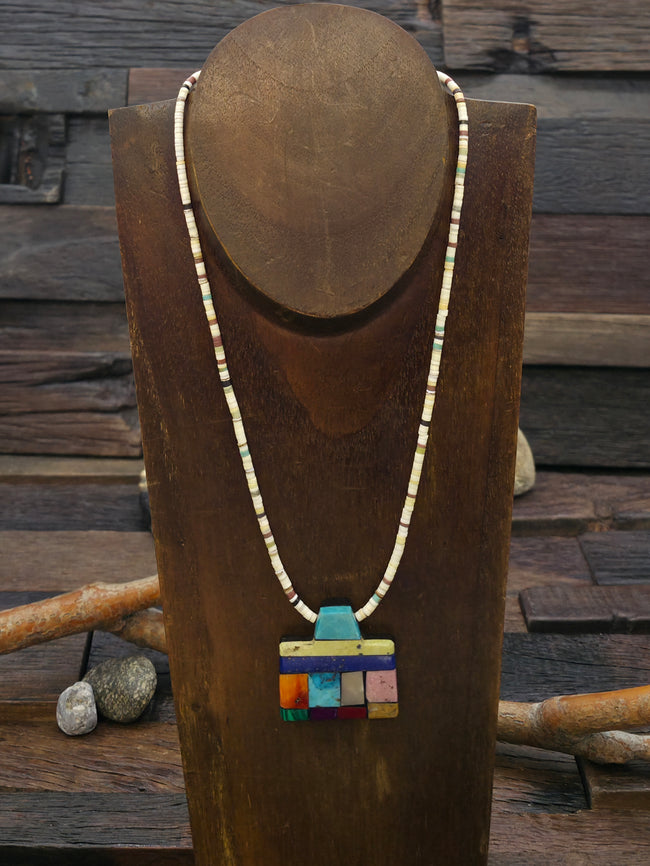 Shell Heishi Necklace with Mosaic Inlay Pendant by Mary Tafoya - 18 in.