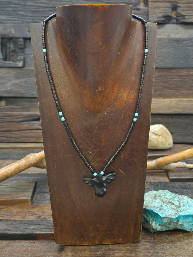 Jet and Turquoise Heishi Bird Necklace by Matt Mitchell - 18 in.