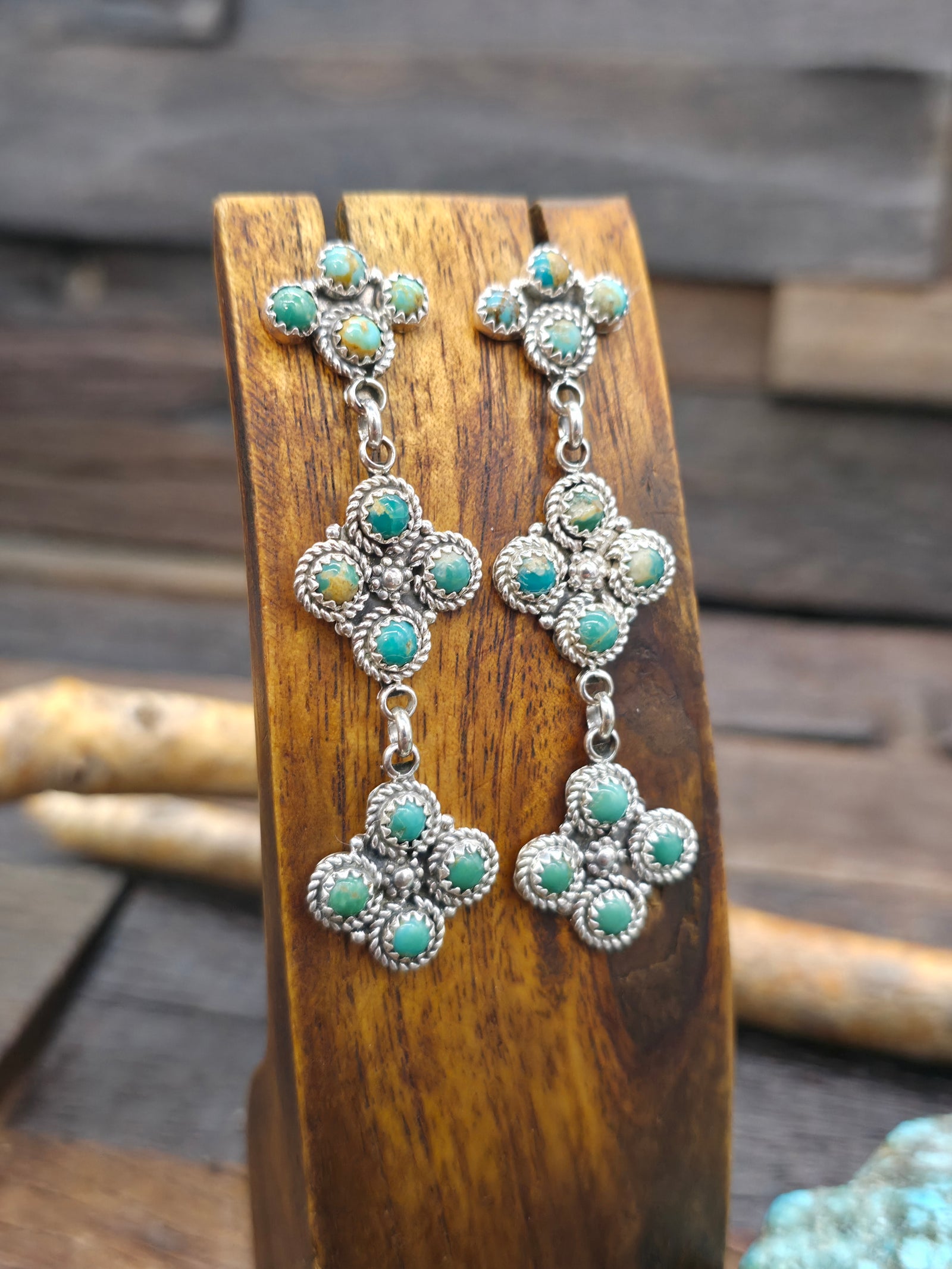 Turquoise and Sterling Silver Zuni Chandelier Earrings by Dillion Cheama