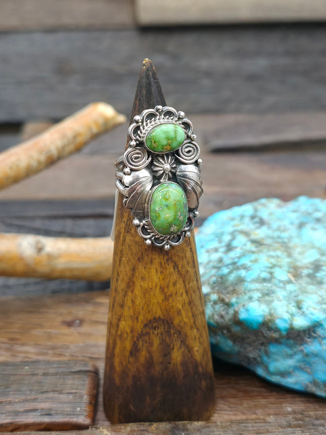 Two Stone Sonoran Turquoise Ring with Sterling Silver Leaf Applique by Renee Yazzie - Size 7