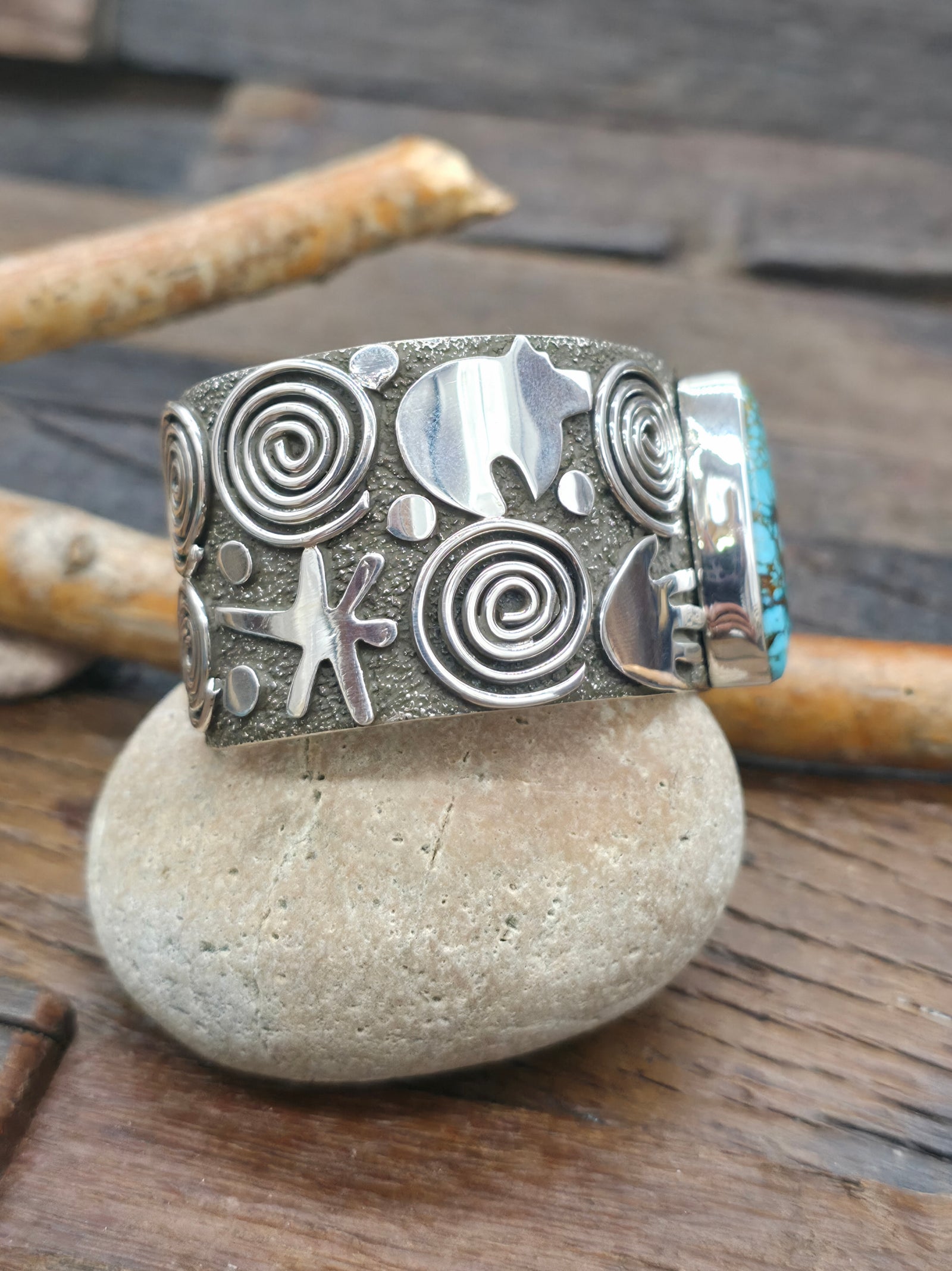 Petroglyph Sterling Silver & Kingman Turquoise Cuff by Alex Sanchez - 6 1/2 in. with Gap