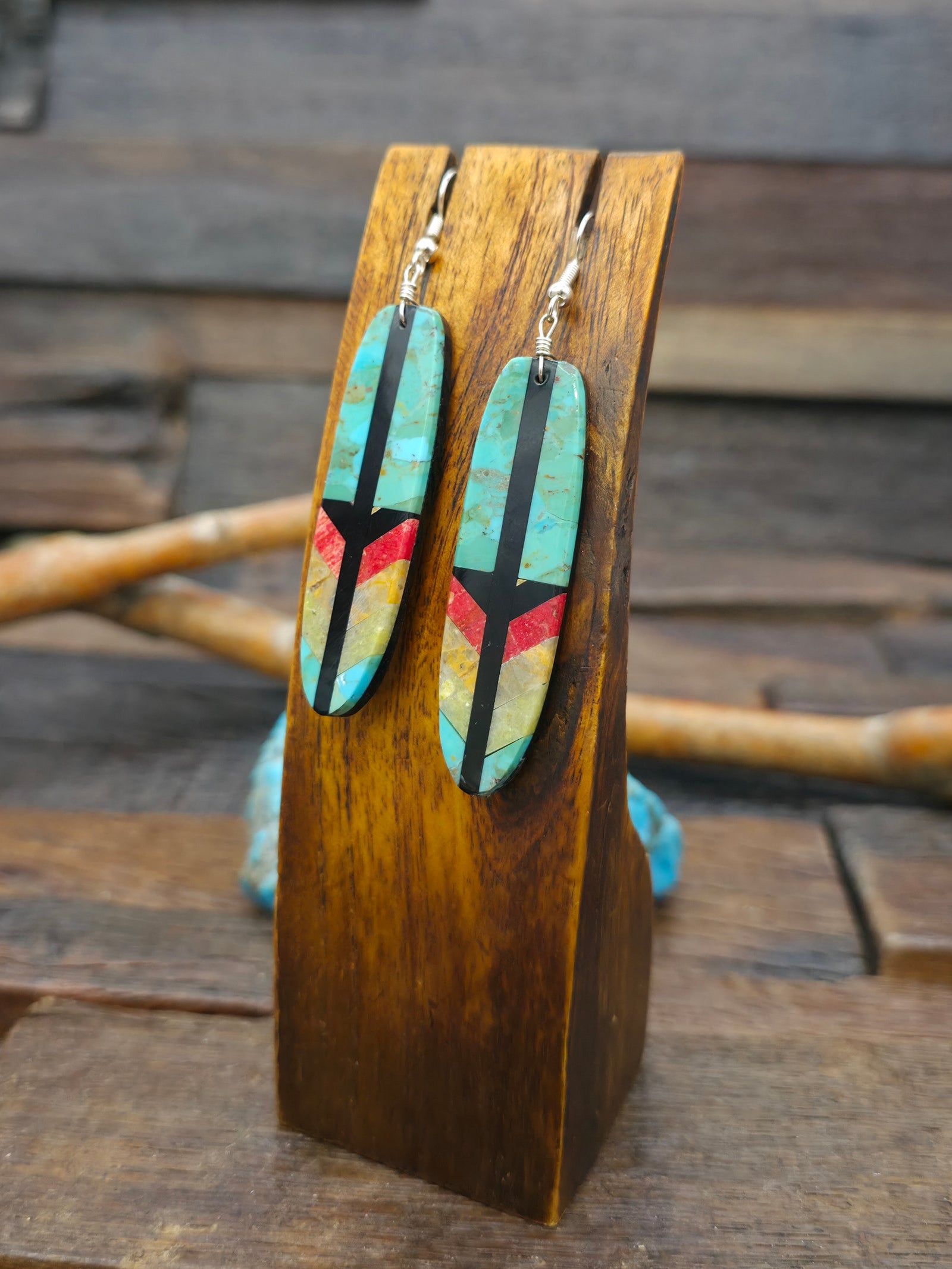 Mosaic Inlay Feather Earrings by Rudy Coriz. - Turquoise - 2 3/4 in. by 5/8 in.