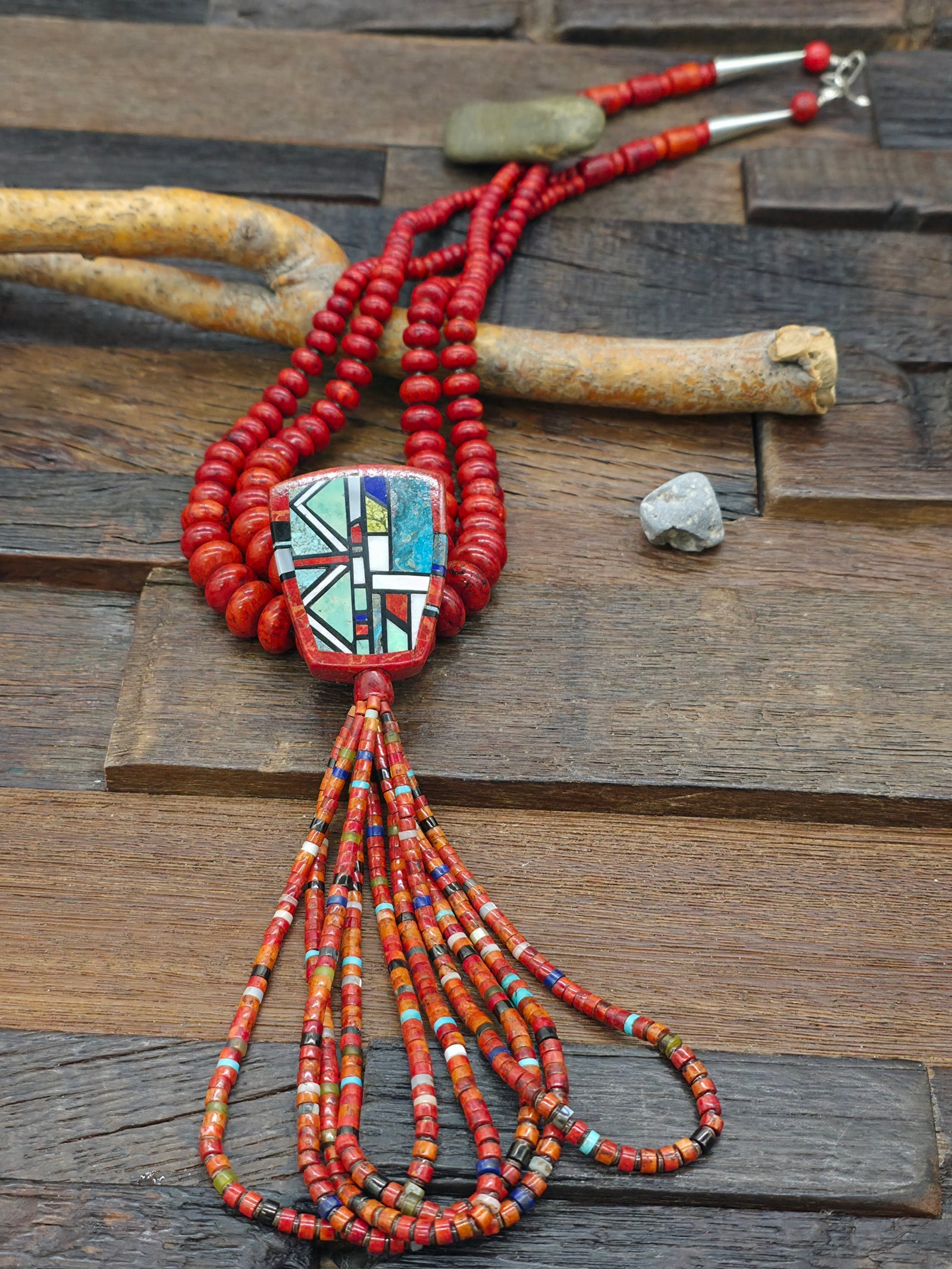 Two Strand Apple Coral Necklace with Multistone Inlay Pendant by Chris Nieto - 26 in.