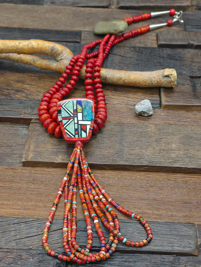 Two Strand Apple Coral Necklace with Multistone Inlay Pendant by Chris Nieto - 26 in.