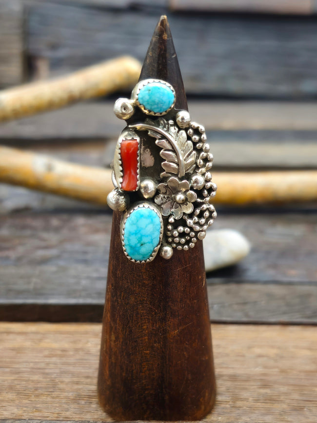 Vintage/Estate Blue Turquoise and Coral Sterling Silver Ring by Shirley Largo - Size 8 1/2