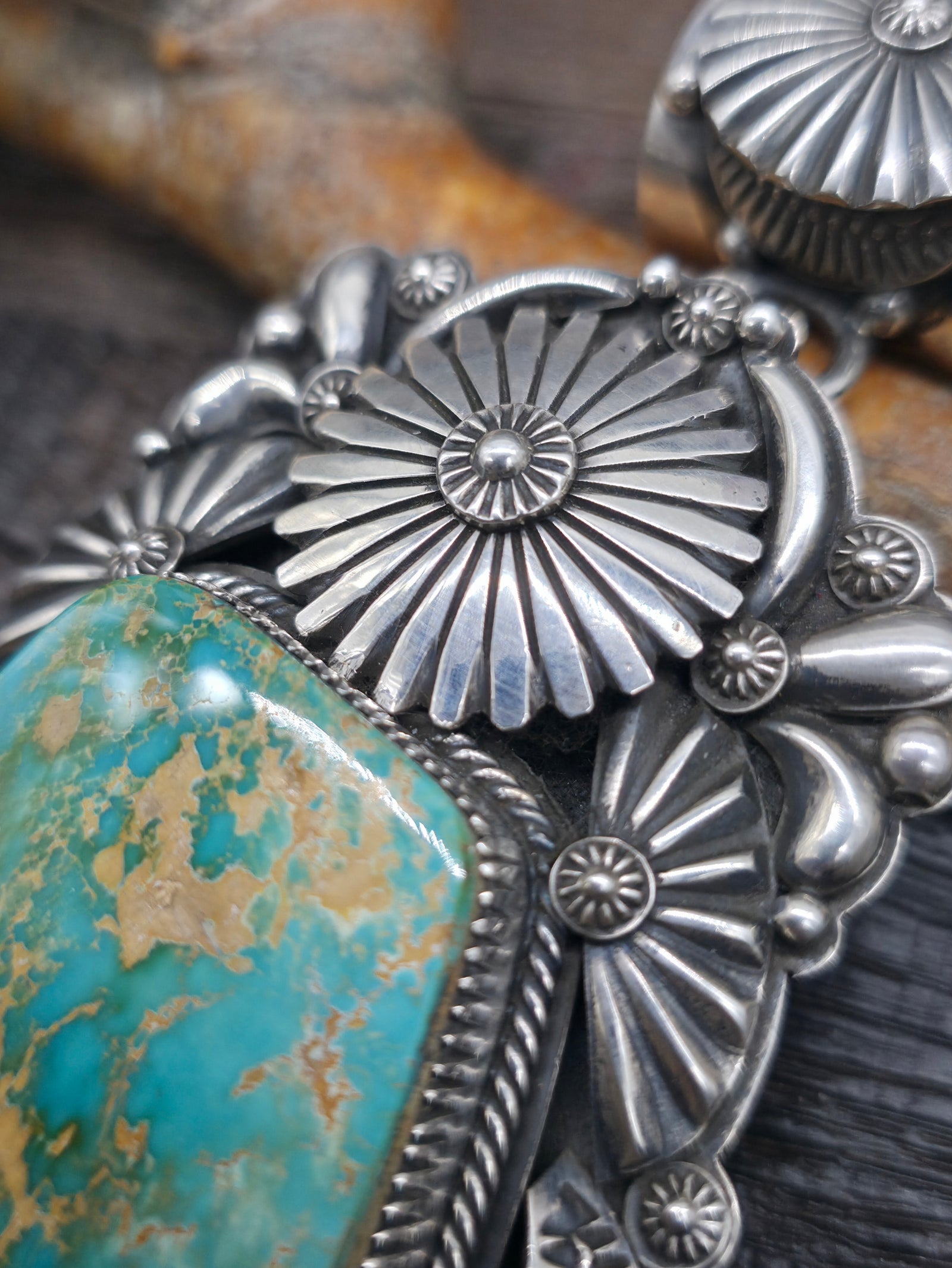 Repousse Stamped Sterling Silver Royston Turquoise Pendant by Delbert Gordon - 6 in. by 2 1/2 in.