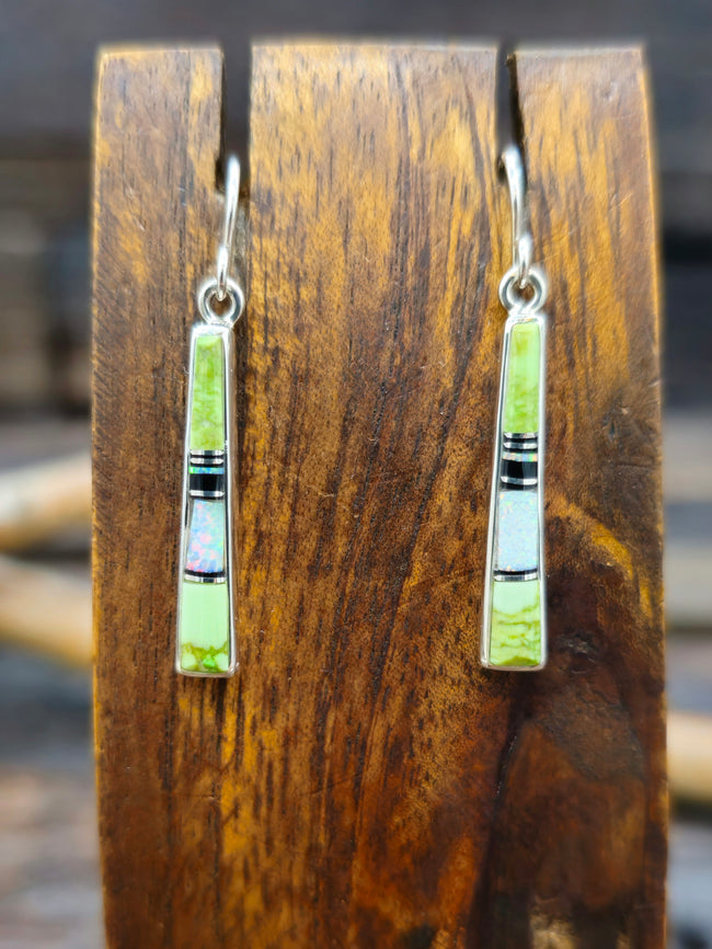Gaspeite, Opal, and Onyx Inlay Sterling Silver Earrings by Rick Tolino