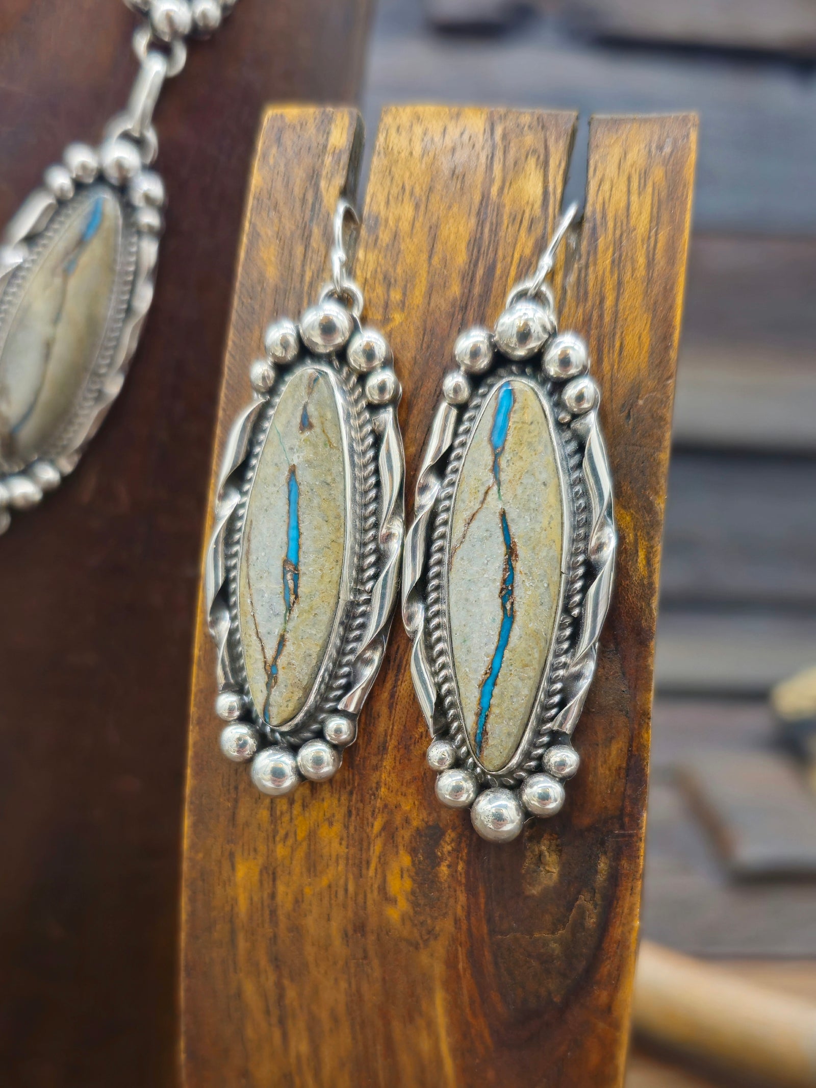 Blue Gem Boulder Turquoise Lariat Necklace and Earring Set by Rosella Paxton - 20 in.