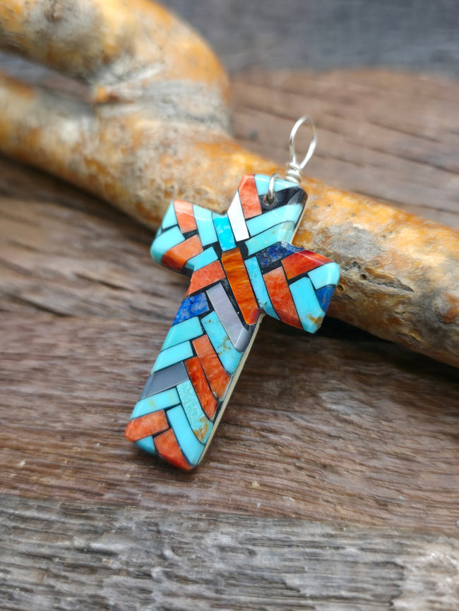 Small Mosaic Inlay Blue Turquoise Cross Pendant by Joe Reano