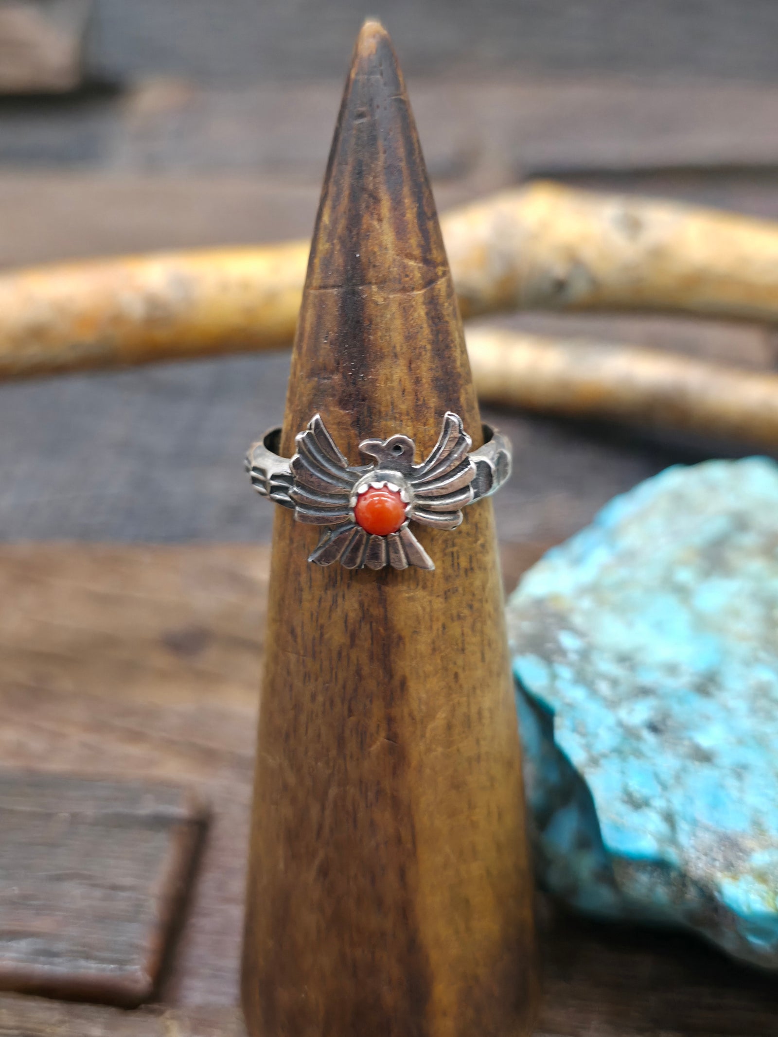 Sterling Silver Coral Thunderbird Ring by Sunshine Reeves - Size 10