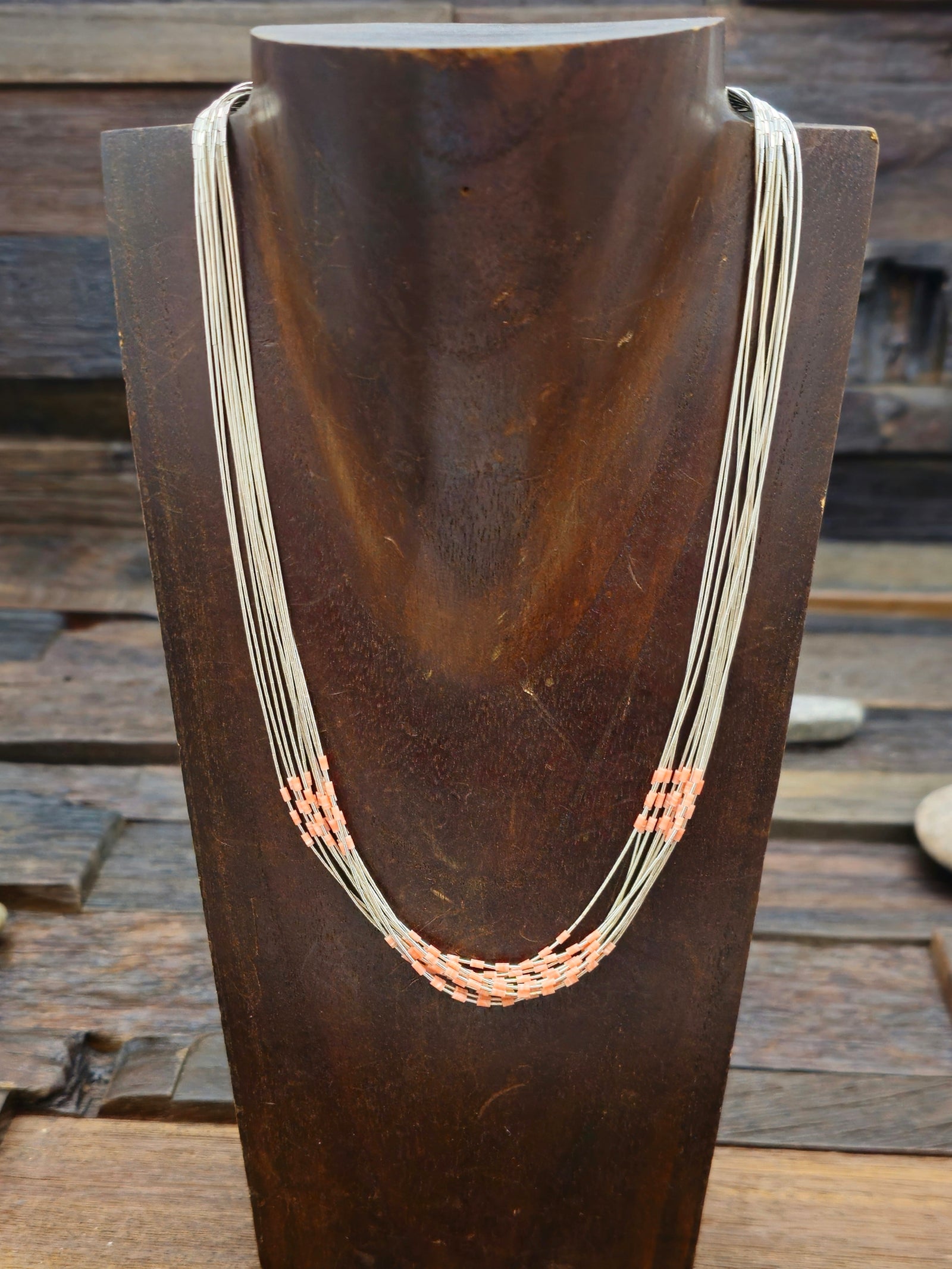 10 Strand Liquid Silver Necklace with Pink Beads - 18 In.