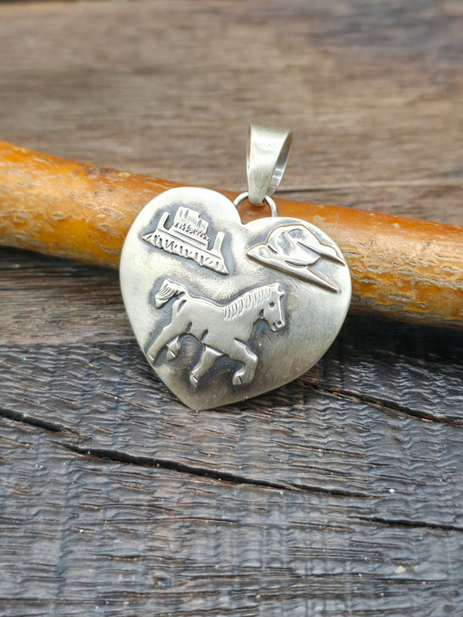 Sterling Silver Trotting Horse Overlay Heart Pendant by "WT" - 1 1/2 in. by 1 1/4 in.