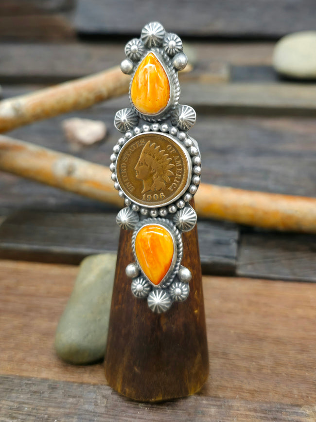 Sterling Silver and Spiny Oyster Ring with 1906 Copper Penny by Rosella Paxton - Size 9