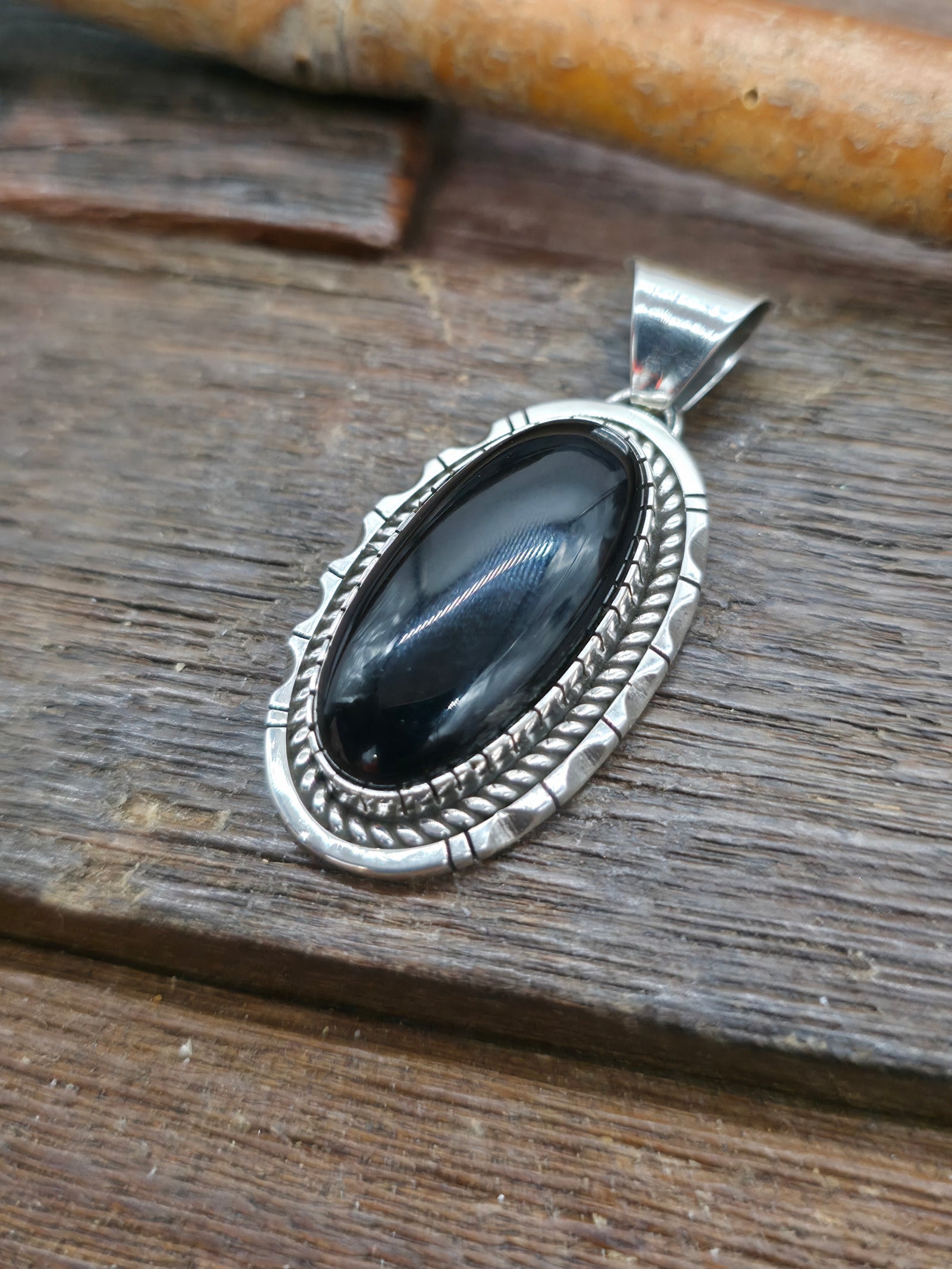 Sterling Silver Onyx Pendant by Walter Vandever - 2 in. by 1 in.