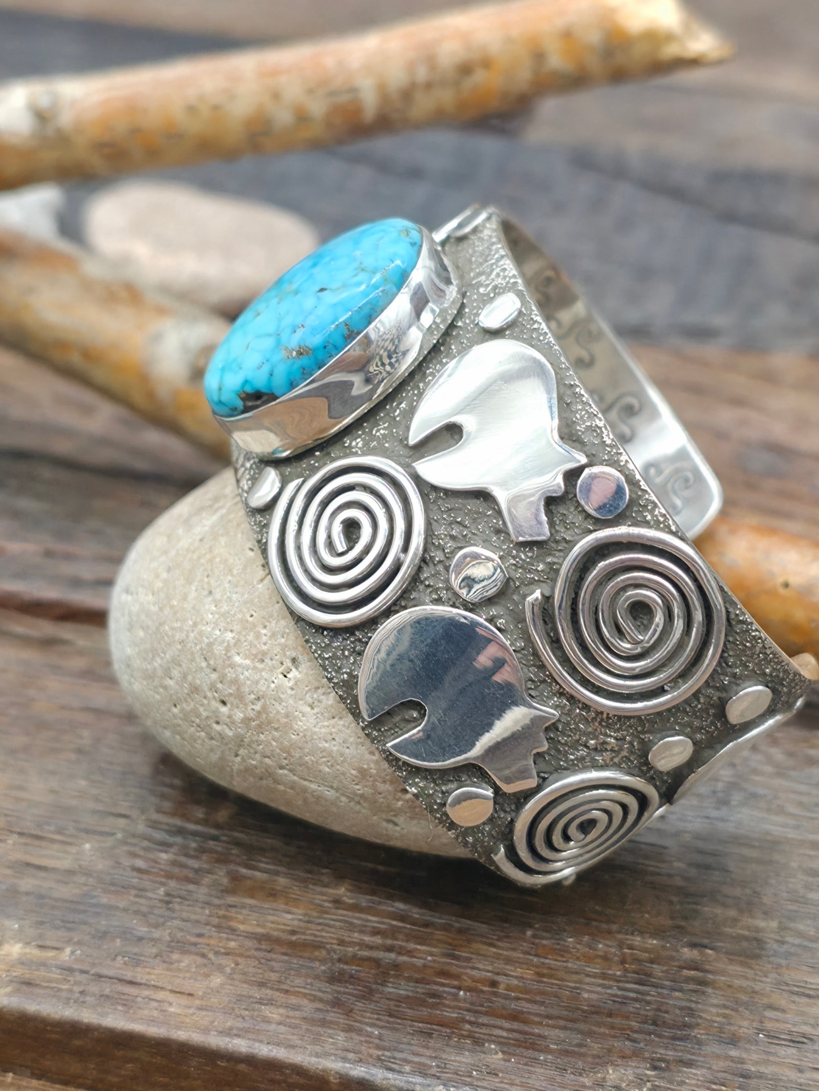 Petroglyph Sterling Silver & Kingman Turquoise Cuff by Alex Sanchez - 6 1/2 in. with Gap