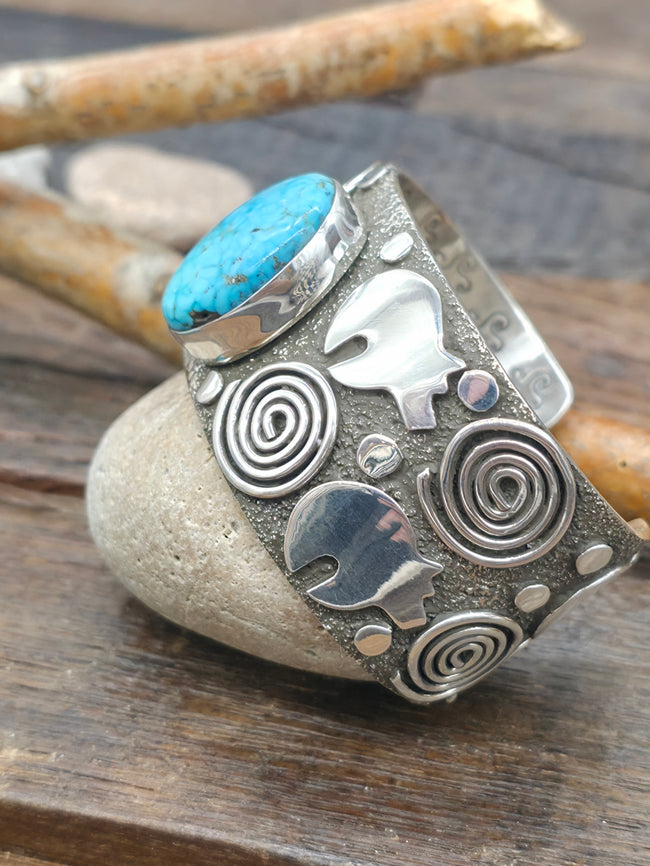 Petroglyph Sterling Silver & Kingman Turquoise Cuff by Alex Sanchez - 6 1/2 in. with Gap
