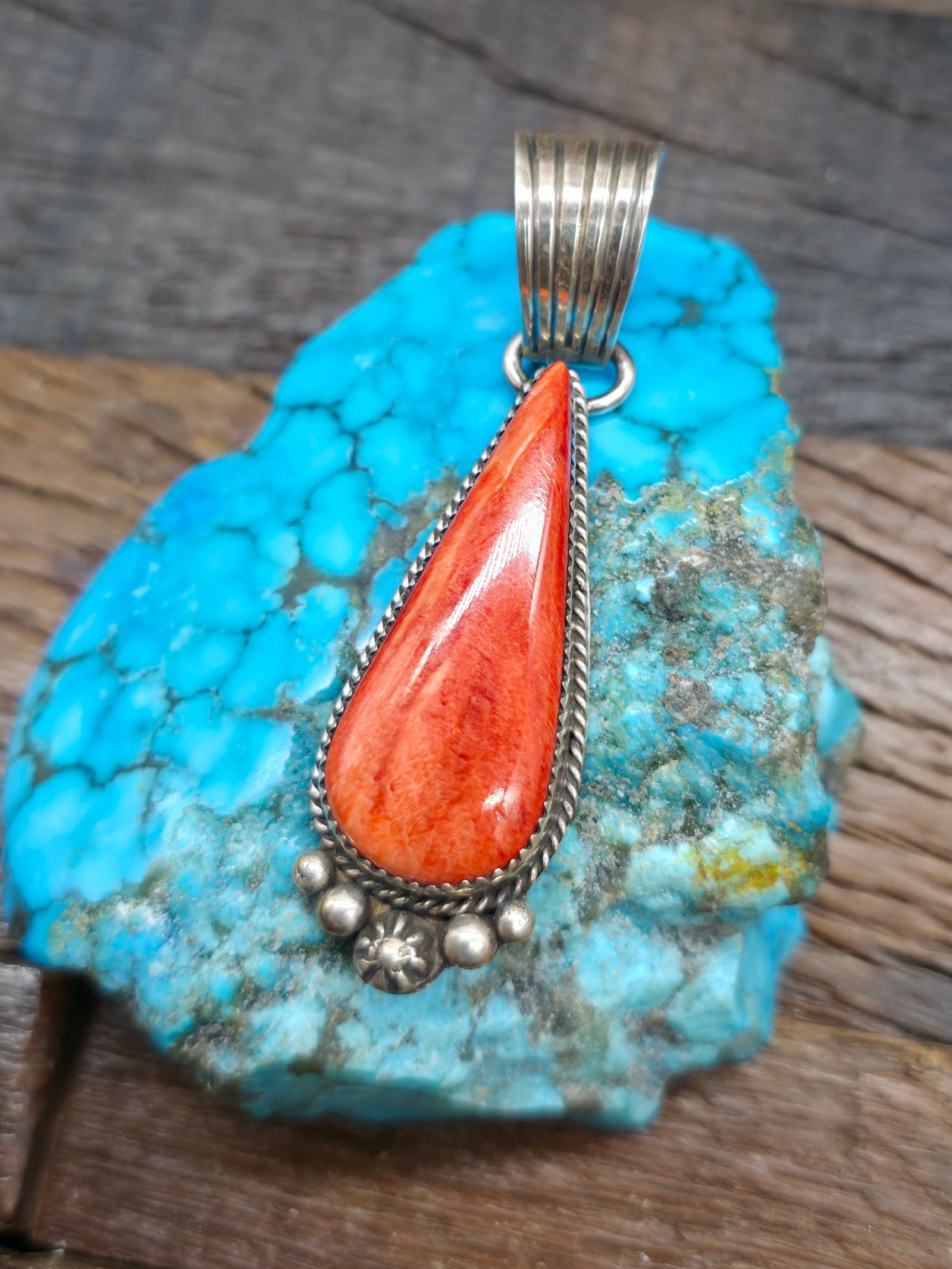 Sterling Silver Orange Spiny Oyster Pendant by LaRose Ganadanegro - 2 3/4 in. by 3/4 in.